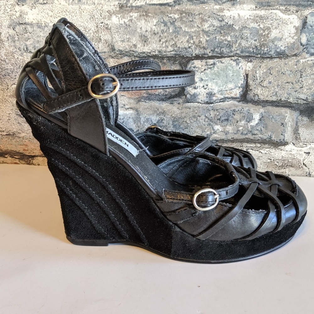 Vintage Steve Madden Black Leather Woven Wedges